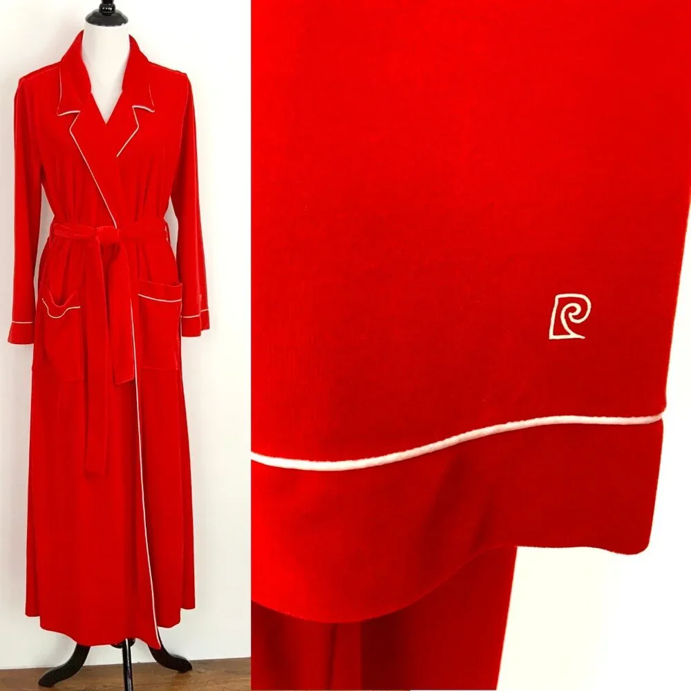 Vintage 80s Pierre Cardin Red Maxi Robe With White Piping Sz M - Picture 7 of 16
